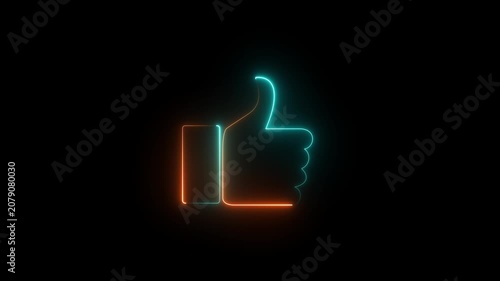 Abstract Glowing neon line Hand thumb up icon isolated on black background. Neon Outline Color Like Icon Animation. motion graphic of hand thumb concept.