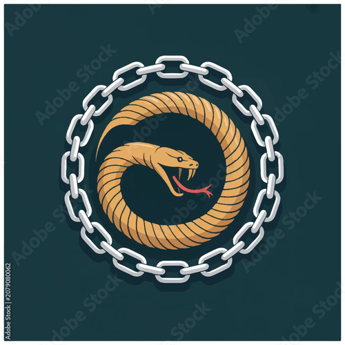 Snake coiled in chain circle aggressive.