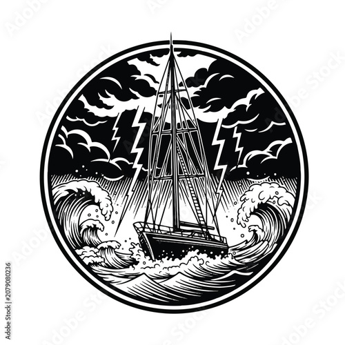 Vintage Sailboat Navigating Through Stormy Seas.
