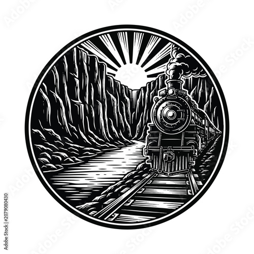 Vintage Steam Train Journey Through a Canyon at Sunrise.