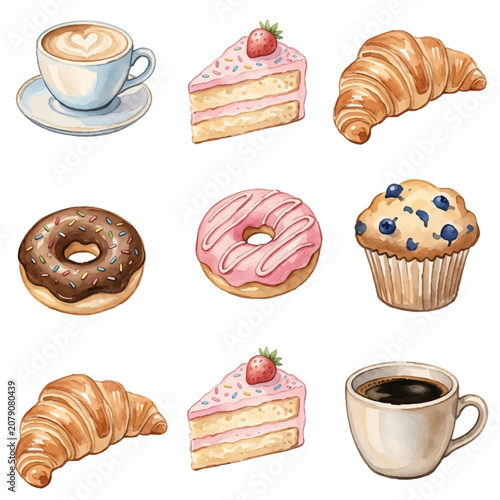 Coffee and Sweets Collection with Coffee Cup Cakes Cupcake Croissant Donut Cookies and Chocolate Cartoon Vector Illustration for Bakery Breakfast Dessert Design