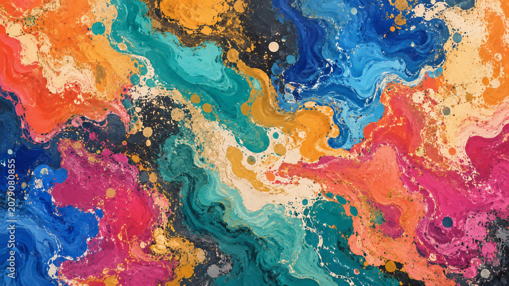 Fototapeta premium Colorful abstract fluid art background with teal, blue, orange, pink, and gold textures, flowing organic pattern for branding, packaging, posters, web banners, wallpapers, and modern design projects.