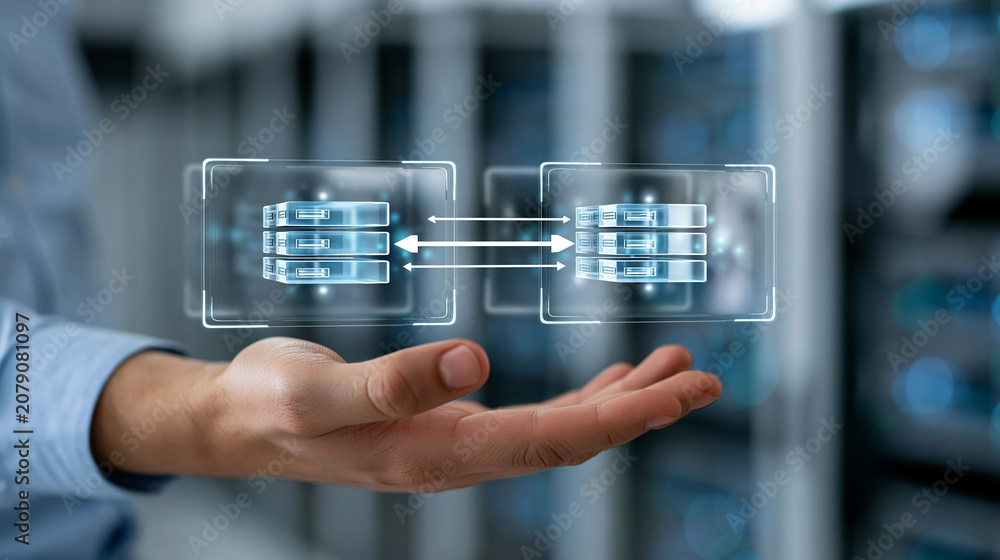 Fototapeta premium Data migration concept with faceless hand holding transparent screen displaying process of transferring data between two servers in modern data center, cloud migration concept,