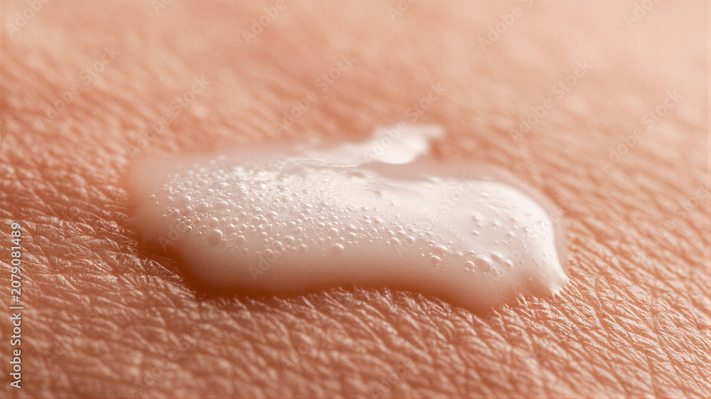 Fototapeta premium Transparent cosmetic serum drop on human skin. Macro view of liquid skincare product on body. Concept of natural beauty, dermatology care, hydration and moisturizing facial treatment.