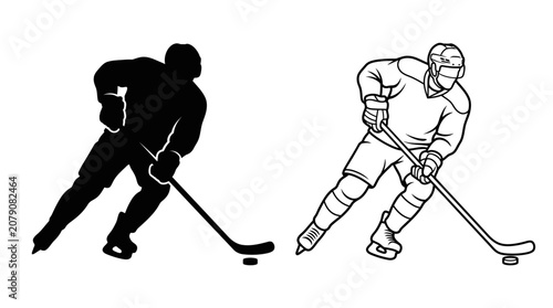 Photography Hockey player silhouette and outline illustration on a white background