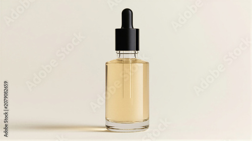 Glass bottle with cosmetic serum and dropper. Essential oil container for skincare routine. Beauty product for facial care and hydration. Organic liquid treatment for dermatology.