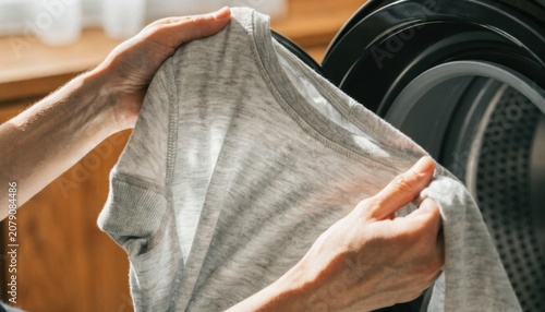 Hands holding a clean gray shirt near a washing machine, indicating laundry or clothing care in a home setting.