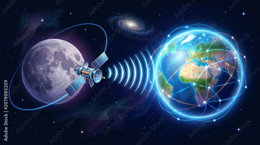 Naklejka premium Satellite orbiting the Moon transmitting data to Earth.