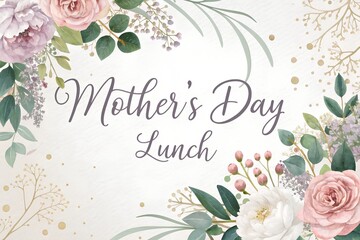 Mother's day lunch greeting card design featuring elegant hand painted watercolor floral arrangements with soft pink roses and green leaves on a textured paper background for a festive spring celebrat