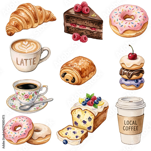 Coffee and Sweets Collection with Coffee Cup Cakes Cupcake Croissant Donut Cookies and Chocolate Cartoon Vector Illustration for Bakery Breakfast Dessert Design