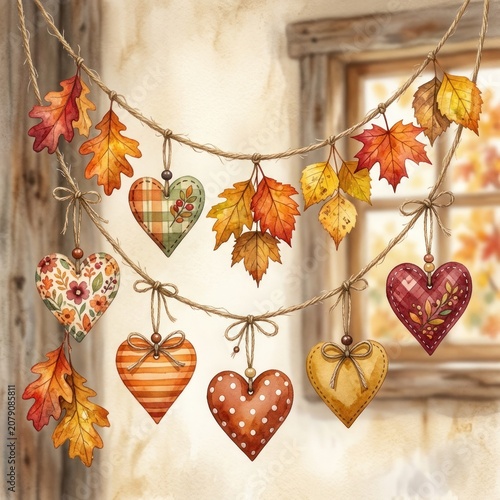 Charming Autumnal Heart Garland Decoration with Fall Leaves.