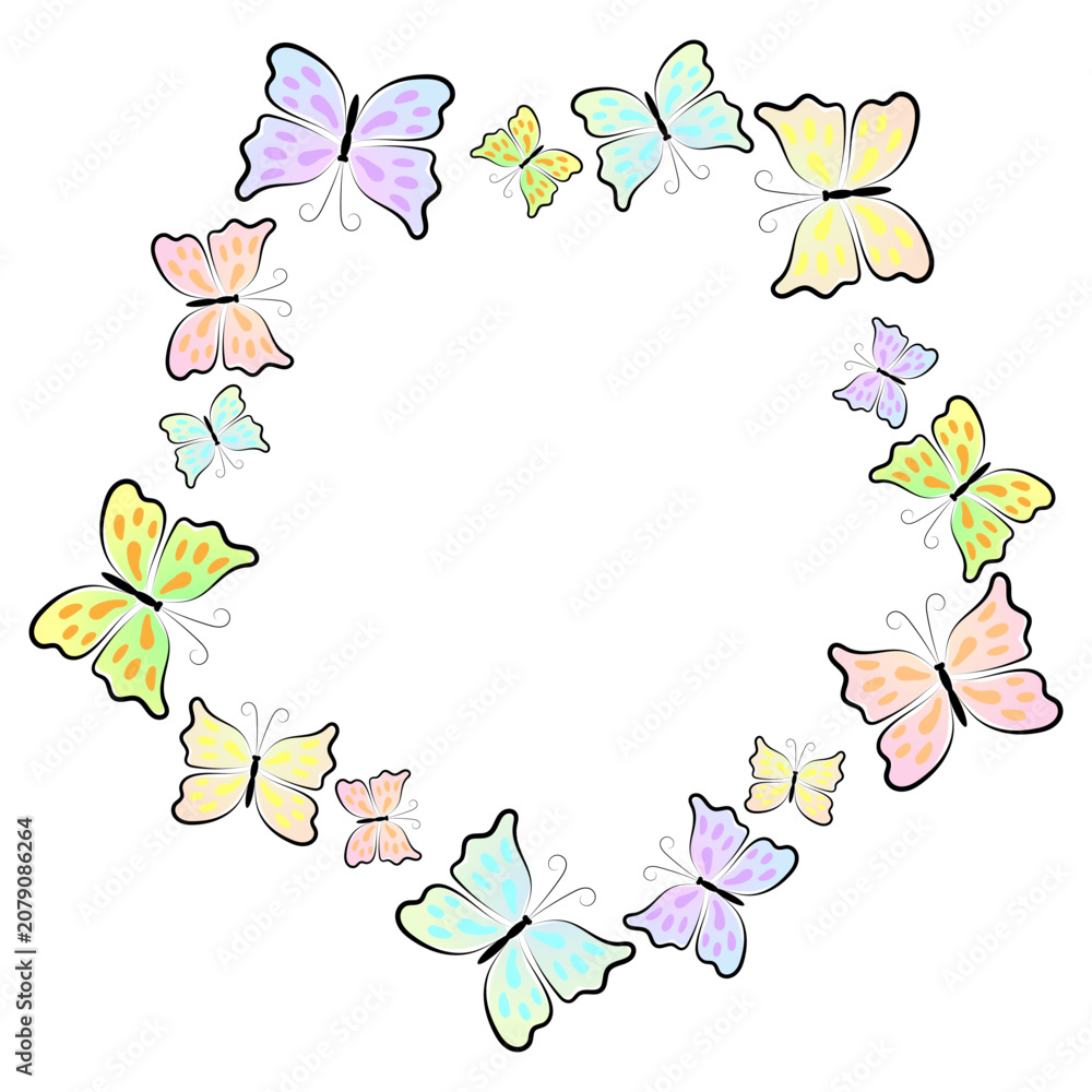 Fototapeta premium A five-pointed frame with cute butterflies in a circle. The colorful butterflies have a black outline. White background.