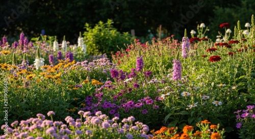 A sunlit, vibrant meadow of diverse wildflowers, abloom in summer
