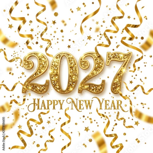 Golden 2027 Happy New Year Celebration with Confetti and Ribbons.
