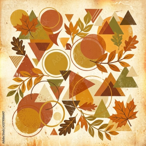 Geometric Autumn Leaves and Shapes Abstract Art.