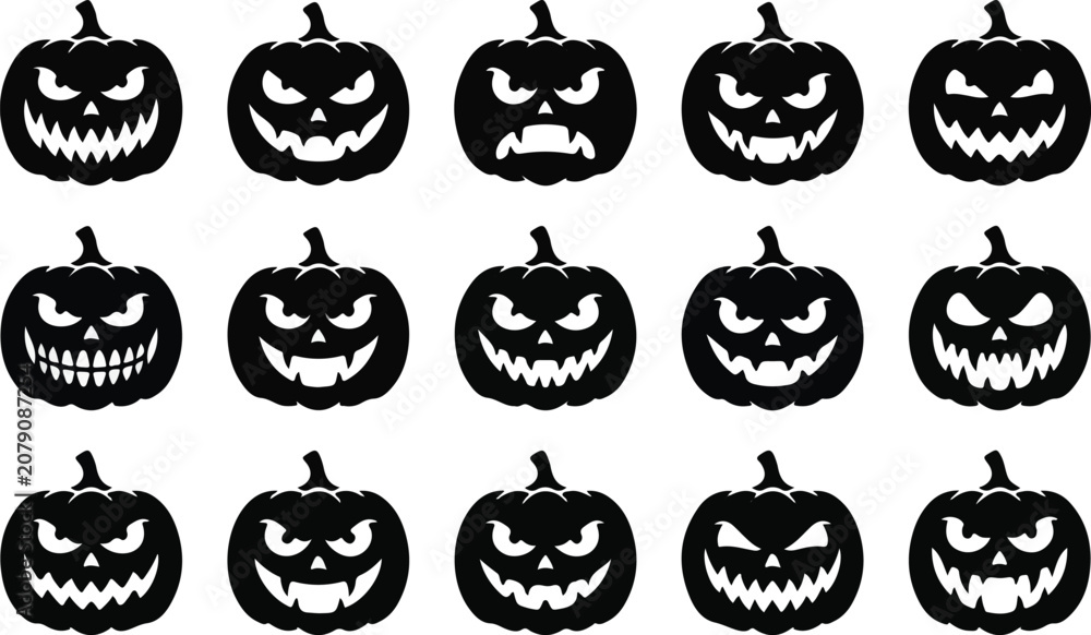 Obraz premium Evil Grin Jack O Lantern Pumpkin Face Silhouettes Vector Set