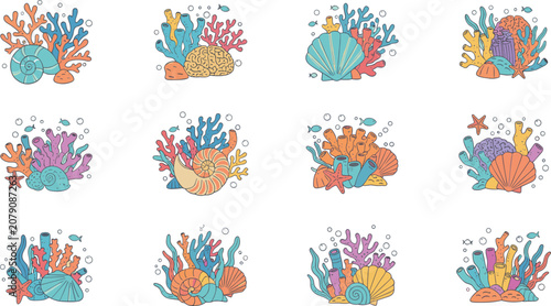 Photography Coral reef vector compositions set with underwater sea sponges colorful ocean plants and tropical seashells