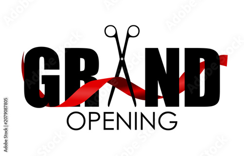 Grand opening announcement with scissors cutting a red ribbon over bold typography