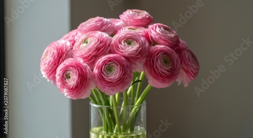 A bouquet of pink, multi-petaled blooms in a glass vase