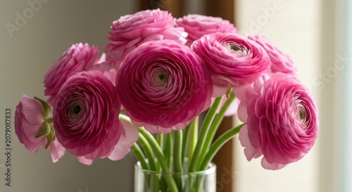 Close-up of vibrant pink flowers in a clear vase
