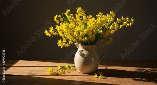 Yellow spring blossoms spill from a tan pitcher on a wood table