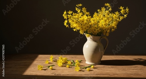 A cream pitcher of yellow flowers on a wooden table