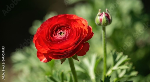Vibrant red flower in full bloom next to its unopened bud, bokeh background