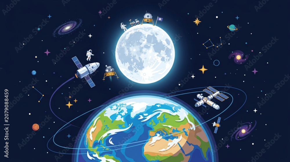 Naklejka premium Earth Moon Space Exploration Astronauts Satellites Planets Stars Galaxy.