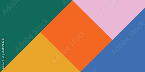 Abstract geometric background with colorful triangles and diamond shape. Flat minimalist design with color blocks of teal, yellow, orange, pink, and blue.