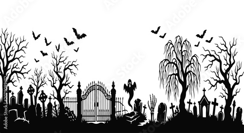 Foto Spooky Halloween graveyard silhouette with cemetery gates, haunted graveyard lan