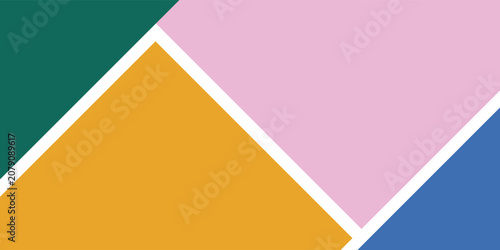 Abstract geometric background with colorful blocks and white borders. Flat minimalist diagonal design featuring dark teal, mustard yellow, pastel pink, and blue shapes.