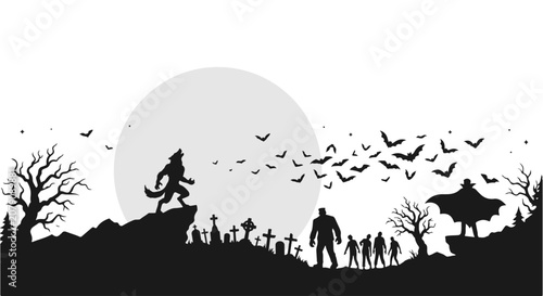 Foto Halloween horror silhouette landscape, spooky graveyard with werewolf and vampir