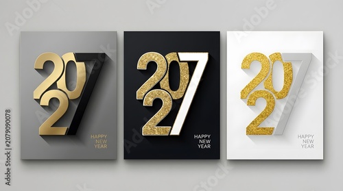 Luxury 2027 Happy New Year Minimalist Gold Typography Poster Set