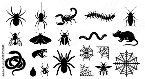 Foto Creepy crawling insect silhouettes and pest icons, 20 black vector elements of s