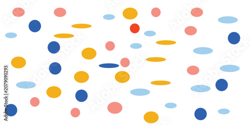 Minimalist abstract background with colorful circles and oval shapes on white. Cute playful geometric pattern with blue, yellow, and pink dots for baby textile, kids design, and wallpaper.