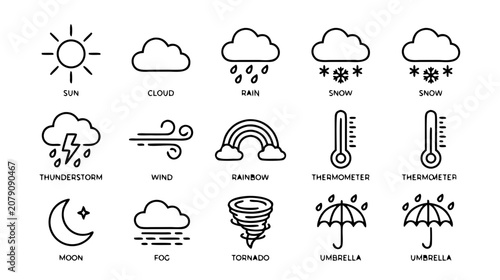 Weather icons set with sun, cloud, rain, snow, and more