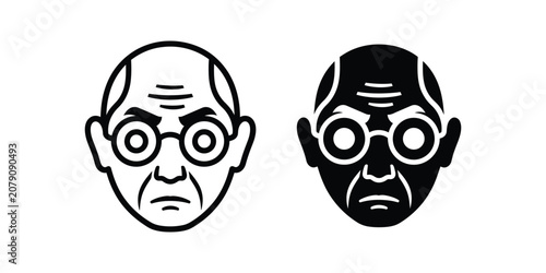 Set of minimalist bald man icons with round glasses and serious expression in black and white line art and solid silhouette styles