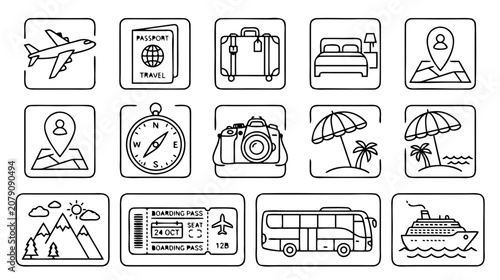 Travel icons set, black line style