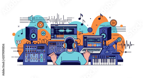 Fotografie Music Producer Recording Studio Vector Illustration