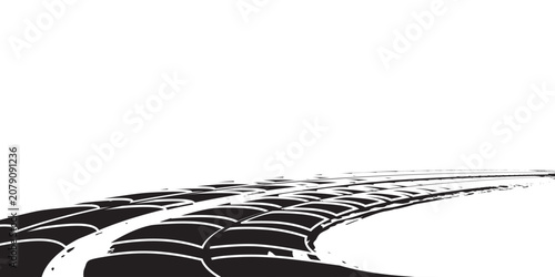 Curved Tire Tread Pattern On Road Surface Abstract Black And White Rubber Track Illustration