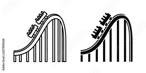 Canvas Print Roller coaster icon set featuring outline and solid black amusement park ride sy