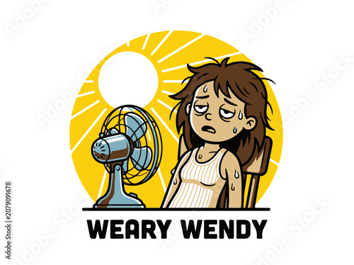 Heatwave Exhaustion During Summer a Weary Woman Cartoon Sweating in Front of a Cooling Fan