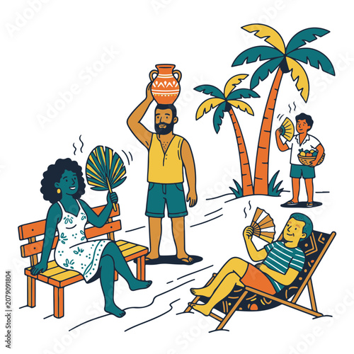 Tropical Summer Vacation Scene with People Relaxing and Fanning Themselves Outdoors