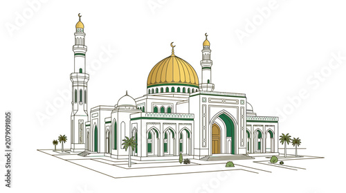 Konstfotografi Islamic Mosque Building with Golden Dome and Minarets, Architectural Sketch