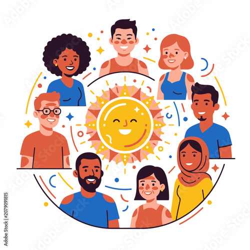 Diversity of Happy Multicultural People Around a Smiling Sun Flat Design Illustration