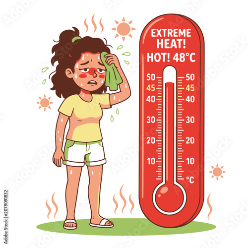Extreme Heat Causing a Woman to Sweat Profusely a Thermometer Indicating a Dangerous 48 Degrees Celsius