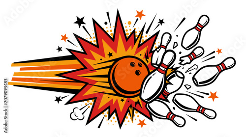 Foto Retro pop art bowling strike vector illustration, isolated on white