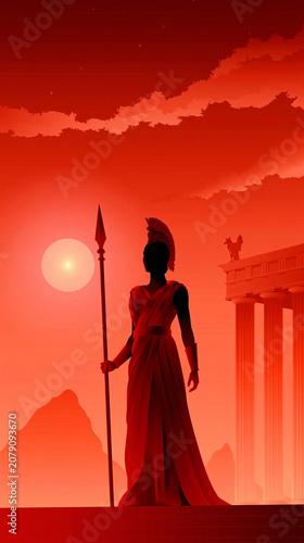 Silhouette of the powerful Greek Goddess Hera standing majestically with a spear before ancient Hellenic columns and a temple structure set against a dramatic red sunset sky with mountains and clouds.