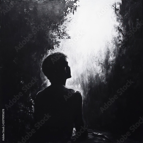 Backlit figure stands gazing up, enveloped by dark foliage in monochrome