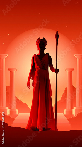 Powerful illustration of Hera, the majestic Queen of the Greek Gods, standing before ancient temple columns under a radiant sunset sky, evoking a sense of divine authority and mythological legend.